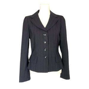 Ann Taylor Wool Striped Blazer Jacket Button Front Navy Sz 4
